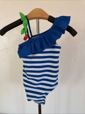 Old Navy Blue & White Striped One-Shoulder Ruffle Swimsuit with Cherry Accent
